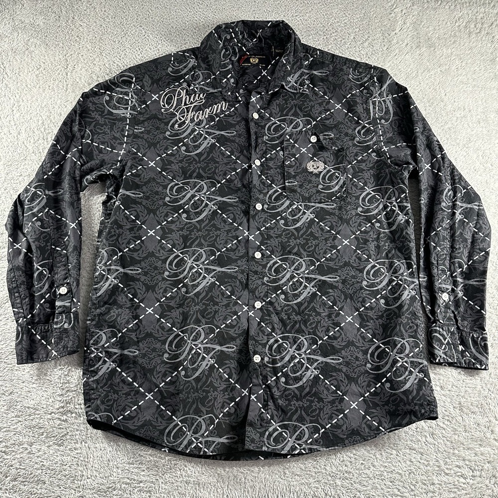 VINTAGE Y2K Phat Farm Shirt Mens‎ 2XL XXL Black Button Up AOP Pattern Black
